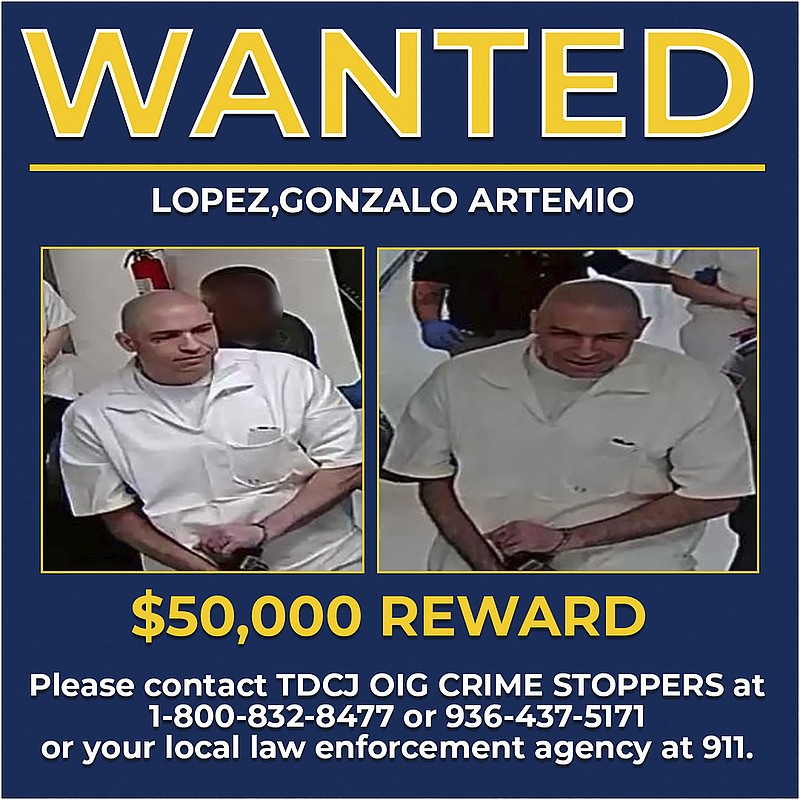 These May 12, 2022, photos of a Wanted poster provided by the Texas Department of Criminal Justice shows Gonzalo Lopez. Authorities say that Lopez, a Texas inmate serving a life sentence for murder who is still on the run after escaping from a transport bus last week got out of his restraints and a caged area before stabbing the driver. (Texas Department of Criminal Justice via AP)