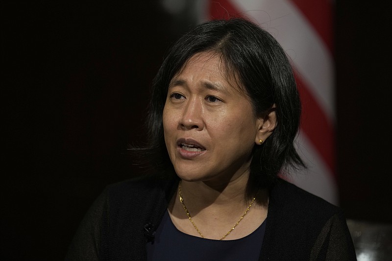 U.S. Trade Representative Katherine Tai gestures during an interview with The Associated Press in Bangkok, Thailand, Friday, May 20, 2022. With world economies all suffering from more than two years of the coronavirus pandemic and global supply problems exacerbated by Russia's invasion of Ukraine, the United States has an &quot;incredible opportunity&quot; to engage with other nations from a common playing field and forge new partnerships and agreements, the top U.S. trade negotiator told The Associated Press.(AP Photo/Sakchai Lalit)
