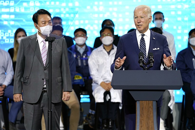 President Joe Biden delivers remarks with South Korean President Yoon Suk Yeol as they visit the Samsung Electronics Pyeongtaek campus, Friday, May 20, 2022, in Pyeongtaek, South Korea. (AP Photo/Evan Vucci)