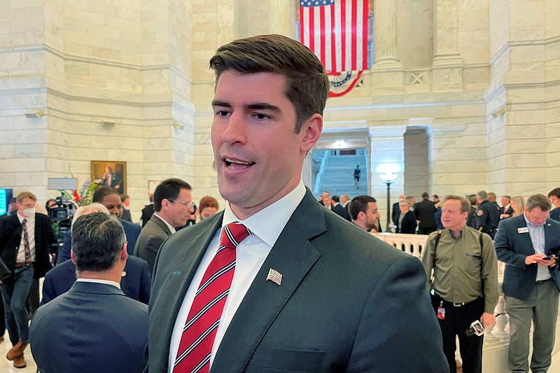 U.S. Senate candidate Jake Bequette, a Republican, speaks to reporters at the Arkansas state Capitol Tuesday, Feb. 22, 2022, in Little Rock. (AP Photo/Andrew DeMillo, File)