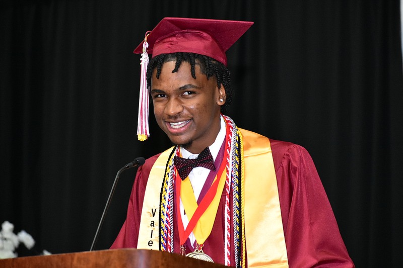 MAIN PHOTO
Pine Bluff High School valedictorian Braelyn Starks motivates his classmates during their graduation ceremony Friday, May 20, 2022, at the Pine Bluff Convention Center. A photo gallery of the graduation, which wraps up The Commercial's Class of 2022 series, is available inside. (Pine Bluff Commercial/I.C. Murrell)