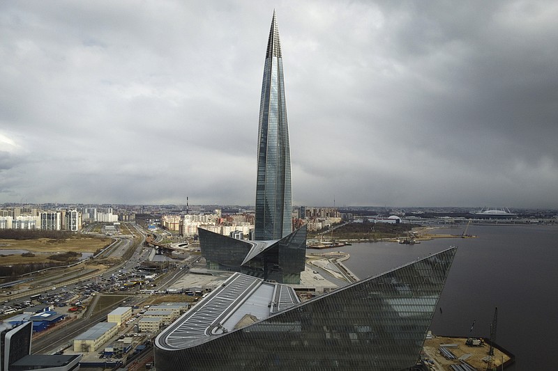 FILE - A view of the business tower Lakhta Centre, the headquarters of Russian gas monopoly Gazprom in St. Petersburg, Russia, Wednesday, April 27, 2022. Russia has halted natural gas exports to neighboring Finland. The highly symbolic move that came early Saturday marks a likely end to nearly 50 years of natural gas import from Moscow to Helsinki. It also comes just days after Finland announced it wanted to join NATO. (AP Photo/Dmitri Lovetsky, File)