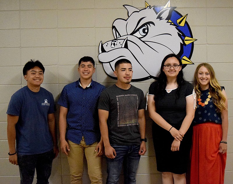 Westside Eagle Observer/MIKE ECKELS The Bulldog Class of 2022 honor graduates were recognized during the Decatur Chamber of Commerce annual Honors Banquet at Decatur High School Thursday night. Honorees included Poli Xiong (salutatorian scholarship), Jose Salazar, Christian Ramirez, Martha Smith-Gomez (valedictorian scholarship) and Kaitlyn Funk.