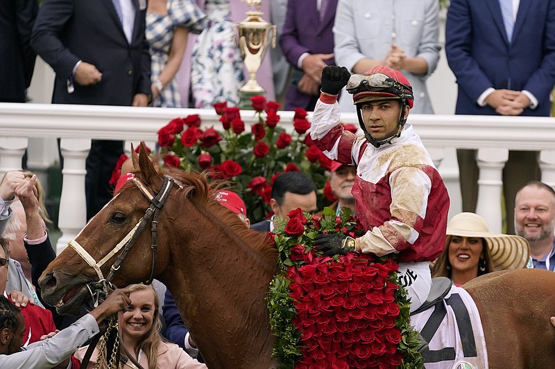 Jockey Sonny Leon rides Rich Strike in the winner's circle after winning the 148th running of the Kentucky Derby at Churchill Downs on May 7 in Louisville, Ky. - Photo by Jeff Roberson of The Associated Press