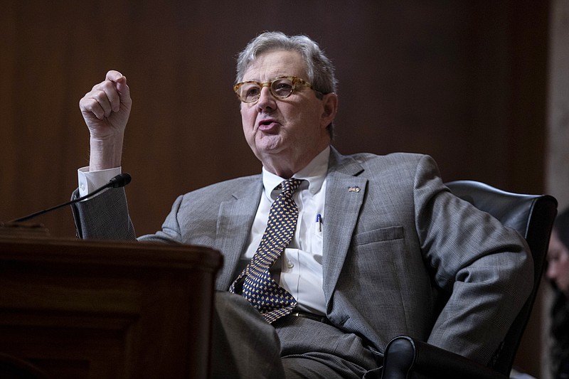 FILE - Sen. John Kennedy, R-La. speaks during a hearing on Capitol Hill in Washington, May 17, 2022. New legislation introduced Thursday by Sen. Jon Ossoff, D-Ga., and Kennedy, would require the Justice Department to establish guidelines for the federal Bureau of Prisons and state correctional systems to notify the families of incarcerated people if their loved one has a serious illness, a life-threatening injury or if they die behind bars. (Anna Rose Layden/Pool Photo via AP, File)