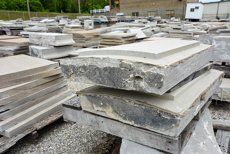 The Missouri State Capitol Commission will be holding an auction June 3, 2022, where pieces replaced during recent renovations will be sold to the public. The stone can be seen on the lot immediately west of U.S. Rents It on Industrial Drive in Jefferson City. (Julie Smith/News Tribune photo)