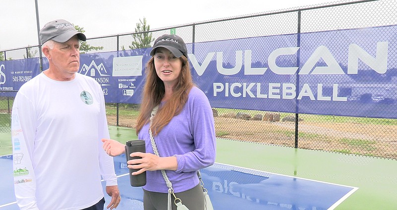 Kefi Pickleball owners David Tappe, left, and Kate Tully showcase pickleball courts at Hot Springs Health and Fitness Tuesday afternoon. - Photo by Donald Cross of The Sentinel-Record