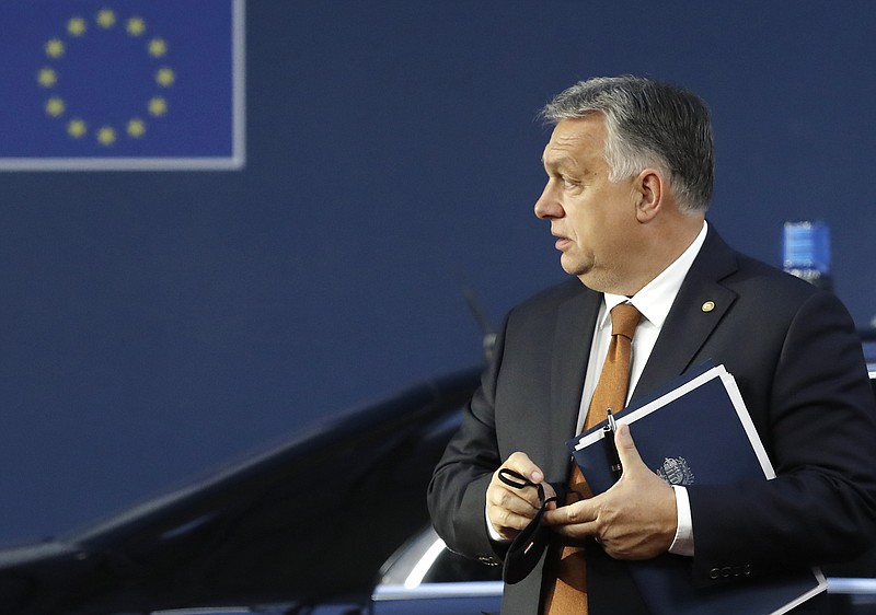 FILE - Hungary's Prime Minister Viktor Orban arrives for an EU summit in Brussels, on Oct. 22, 2021. The European Union wants to impose a new round of sanctions against Russia over its war in Ukraine, but Hungary has emerged as one of the biggest obstacles to unanimous support needed from the bloc’s 27 member nations. (Olivier Hoslet, Pool Photo via AP)