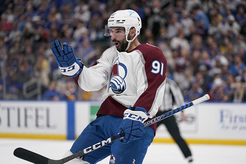 Colorado Avalanche's Nazem Kadri celebrates after scoring during the third period in Game 4 of an NHL Stanley Cup second-round playoff series against the St. Louis Blues Monday in St. Louis. - Photo by Jeff Roberson of The Associated Press