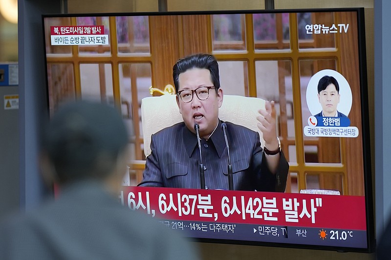 A man watches a TV screen showing a news program reporting about North Korea's missile launch with a file footage of North Korean leader Kim Jong Un, at a train station in Seoul, South Korea, Wednesday, May 25, 2022. North Korea launched three ballistic missiles toward the sea on Wednesday, its neighbors said, hours after President Joe Biden wrapped up his trip to Asia where he reaffirmed U.S. commitment to defend its allies in the face of the North's growing nuclear threat. (AP Photo/Lee Jin-man)