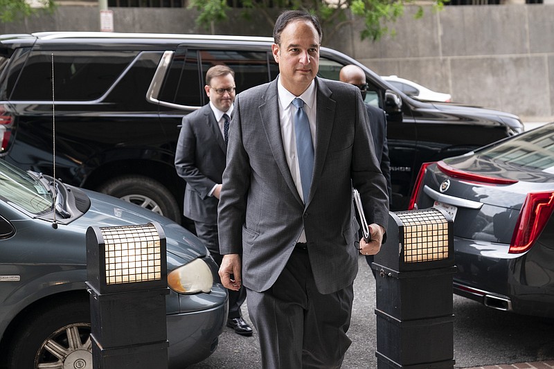 Michael Sussmann, a cybersecurity lawyer who represented the Hillary Clinton presidential campaign in 2016, arrives to the E. Barrett Prettyman Federal Courthouse, Monday, May 16, 2022, in Washington. Sussmann is accused of making a false statement to the FBI during the Trump-Russia probe. (AP Photo/Evan Vucci)