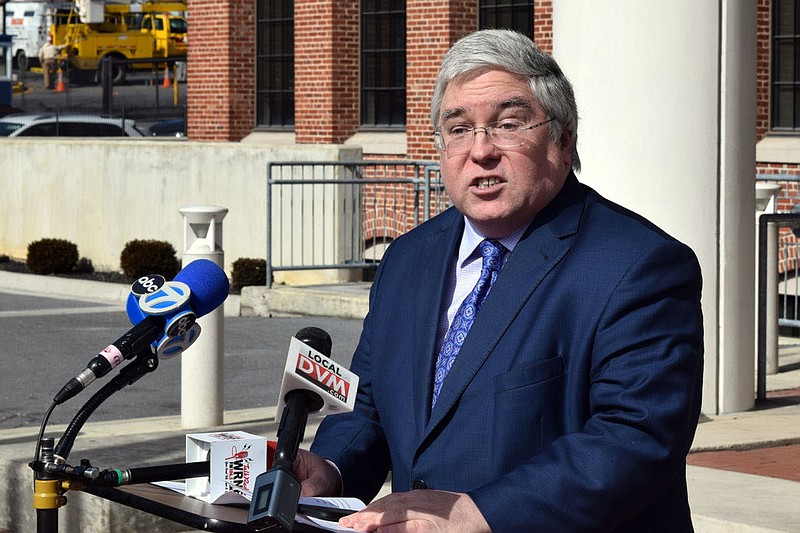 FILE - In this Feb. 19, 2019, file photo, West Virginia Attorney General Patrick Morrisey speaks at a news conference in Martinsburg, W.Va. Attorneys for the state of West Virginia and two remaining pharmaceutical manufacturers have reached a tentative $161.5 million settlement just as closing arguments were set to begin in a seven-week trial over the opioid epidemic, Attorney General Patrick Morrisey said Wednesday, May 25, 2022. (Matthew Umstead/The Herald-Mail via AP, File)