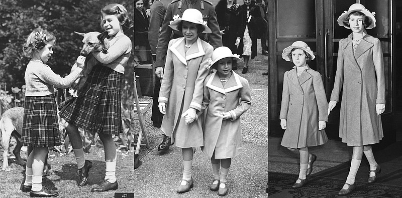 This combination of photos shows, from left, Princess Margaret Rose feeding a biscuit to a Pembrokeshire Corgi held by Princess Elizabeth on July 5, 1936, Princess Elizabeth and Princess Margaret Rose on June 7, 1938, and Princess Margaret Rose and Princess Elizabeth at the International Horse Show in London on June 21, 1939. The princesses often dressed alike as children and into their teens. (AP Photo)