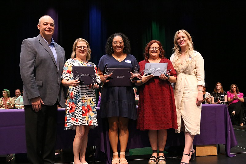Pictured are (second from left) elementary-level Outstanding Teacher of the Year Megan Koonce; high school-level Outstanding Teacher of the Year Ashlee Curtis; and middle/junior-level Outstanding Teacher of the Year Lisa Hooks. (Courtesy of Heath Waldrop/Special to the News-Times)