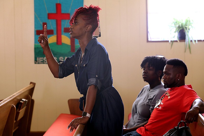 Jackie Smith of Little Rock speaks during a press conference with Arkansas Stop the Violence on Monday, May 30, 2022, at Shiloh Baptist Church in North Little Rock.
(Arkansas Democrat-Gazette/Thomas Metthe)
