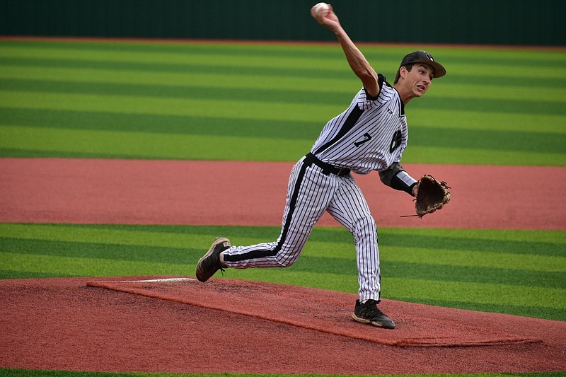 Woodlawn senior Cale Edmonds - delivering against Bigelow at the state tournament against Bigelow - was among the eight local players selected to the Arkansas Activities Commission All-State Baseball Team. (Pine Bluff Commercial/I.C. Murrell)