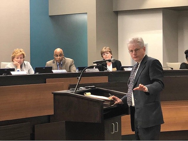 Attorney Jess Askew III speaks to the state Board of Education in 2020 in Little Rock, speaking on behalf of Sparkman residents in their effort to keep their campus open.
Arkansas Democrat-Gazette/Tony Holt