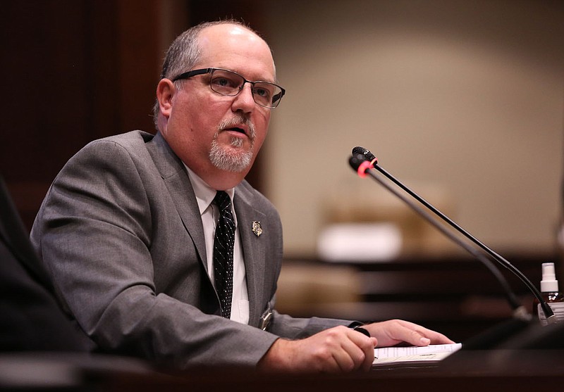 Newton County Sheriff Glenn Wheeler answers questions during a meeting of the Arkansas Legislative Joint Auditing Committee at the state Capitol Friday, June 3, 2022. (Arkansas Democrat-Gazette/Colin Murphey)