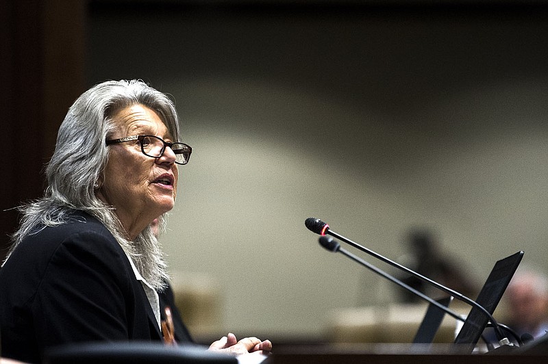Dr. Cheryl May, Director of the Criminal Justice Institute, delivers a presentation about school safety during a meeting of the Joint Education Committee on Monday, June 6, 2022. (Arkansas Democrat-Gazette/Stephen Swofford)