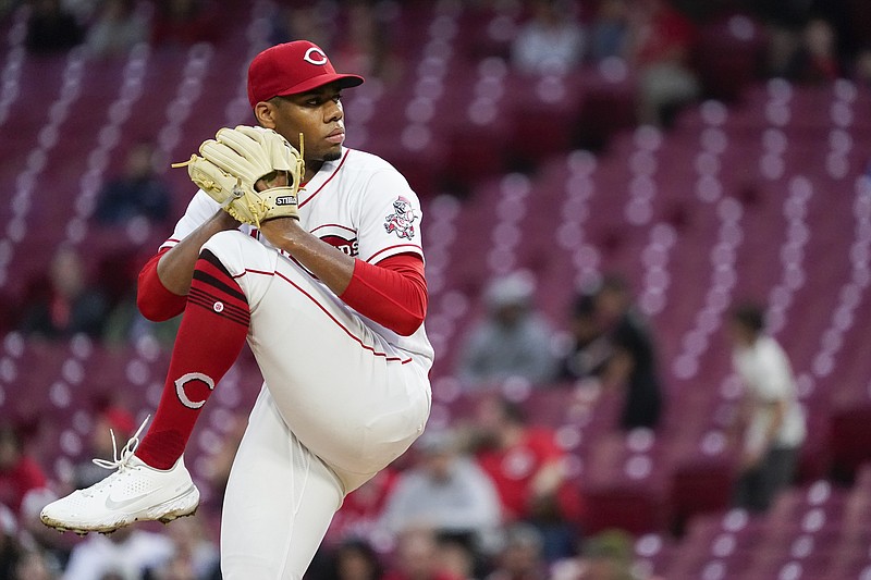 Cincinnati Reds starting pitcher Hunter Greene throws during the fifth inning of the team's baseball game against the Arizona Diamondbacks, Monday, June 6, 2022, in Cincinnati. (AP Photo/Jeff Dean)