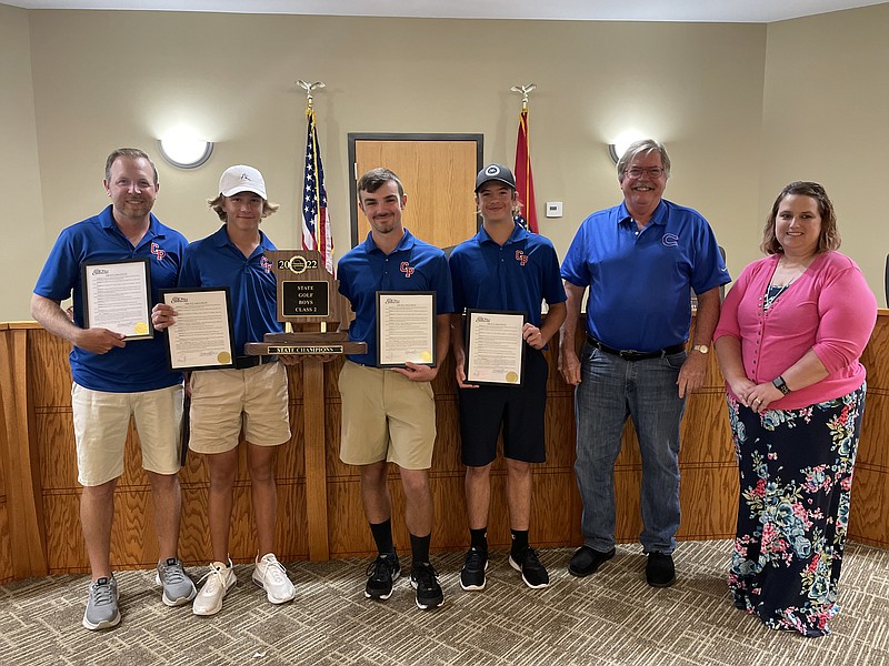 Local officials recognize the California High School Pintos Golf team as the 2022 State Champions in boys golf division two. (Left to right) Coach Lance Boyd and team members Will Boyd, Aiden Howard and Jackson Hackett accept proclamations from Mayor Rich Green and city clerk Jessica Farmer. (Democrat photo/Kaden Quinn)