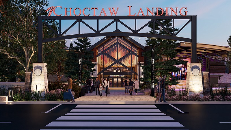 An artist's depiction of Choctaw Landing, the casino and entertainment complex being built in Hochatown, Oklahoma, by the Choctaw Nation. The four-story, 200,000 square-foot Choctaw Landing will cost $165 million to construct and will include 100 hotel rooms, 600 slot machines, eight table games, several restaurants and bars, a pool, an outdoor venue with an amphitheater, a beer garden, and a family-friendly game zone. (Image courtesy Choctaw Nation)