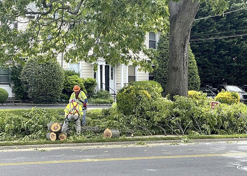 This May 2022 photo provided by Jessica Damiano shows a professional tree crew in Glen Head, N.Y., safely removing and disposing of tree branches, as should be done in the wake of damaging storms. (Jessica Damiano via AP)