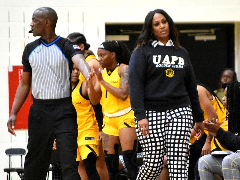 UAPB women's basketball Coach Dawn Thornton reacts to a call during a November 2021 game. (Pine Bluff Commercial/I.C. Murrell)
