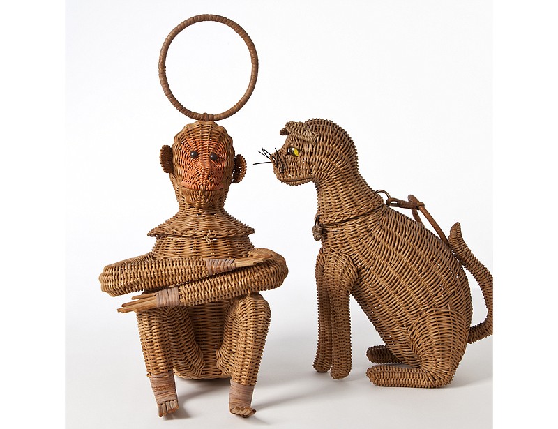 Wicker cat and monkey purses are part of the "Basket Cases" exhibit, on display Tuesday-Sept. 25 at ESSE Purse Museum in Little Rock.