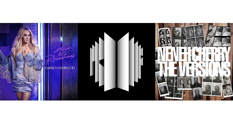 This combination of photos shows cover art for, from left, &quot;Denim &amp; Rhinestones,&quot; by Carrie Underwood, &quot;Proof,&quot; a three-disc anthology album by BTS, and &#x201c;The Versions&#x201d; by Neneh Cherry. (Universal Music Group Nashville/Big Hit/Republic Records via AP)