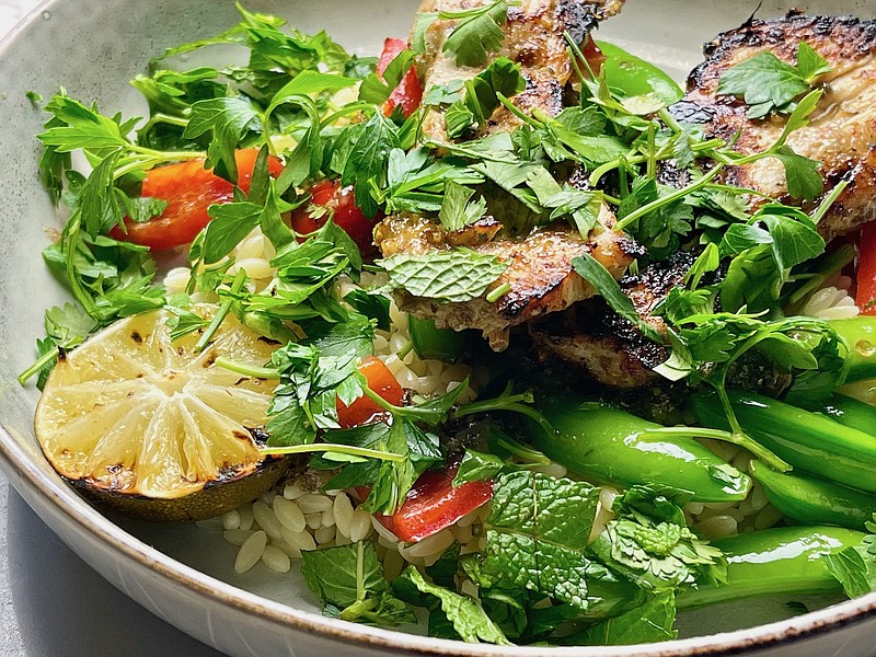 Moroccan Chicken Skewers With Orzo, Sugar Snap Peas and Peppers (Arkansas Democrat-Gazette/Kelly Brant)