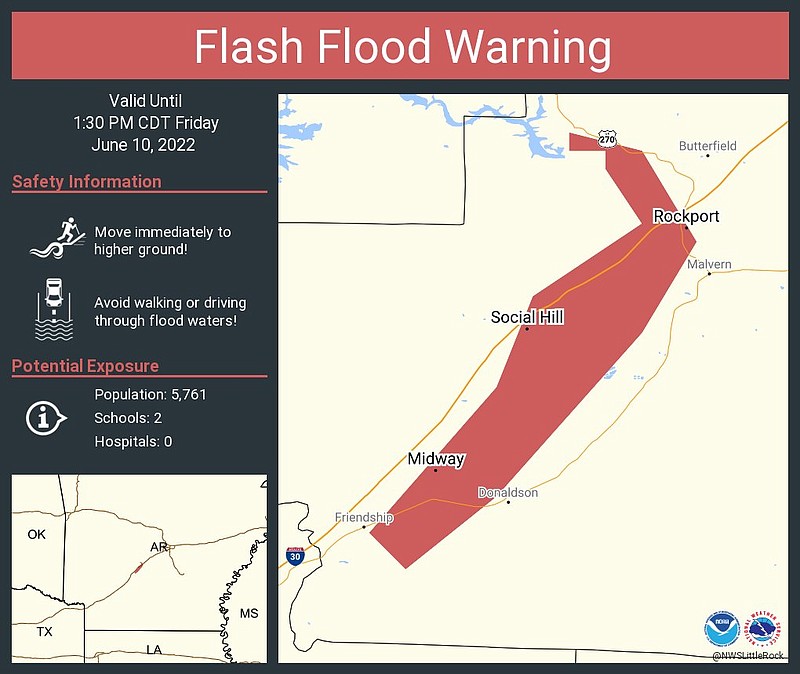 A National Weather Service graphic shows the area included in a flash flood warning, including Rockport, Midway and  Social Hill, until 1:30 p.m. Friday.