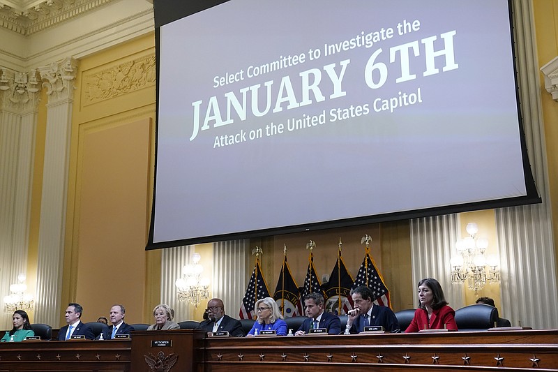 From left to right, Rep. Stephanie Murphy, D-Fla., Rep. Pete Aguilar, D-Calif., Rep. Adam Schiff, D-Calif., Rep. Zoe Lofgren, D-Calif., Chairman Bennie Thompson, D-Miss., Vice Chair Liz Cheney, R-Wyo., Rep. Adam Kinzinger, R-Ill., Rep. Jamie Raskin, D-Md., and Rep. Elaine Luria, D-Va., are seated as the House select committee investigating the Jan. 6 attack on the U.S. Capitol holds its first public hearing to reveal the findings of a year-long investigation, at the Capitol in Washington, Thursday, June 9, 2022. (AP Photo/J. Scott Applewhite)