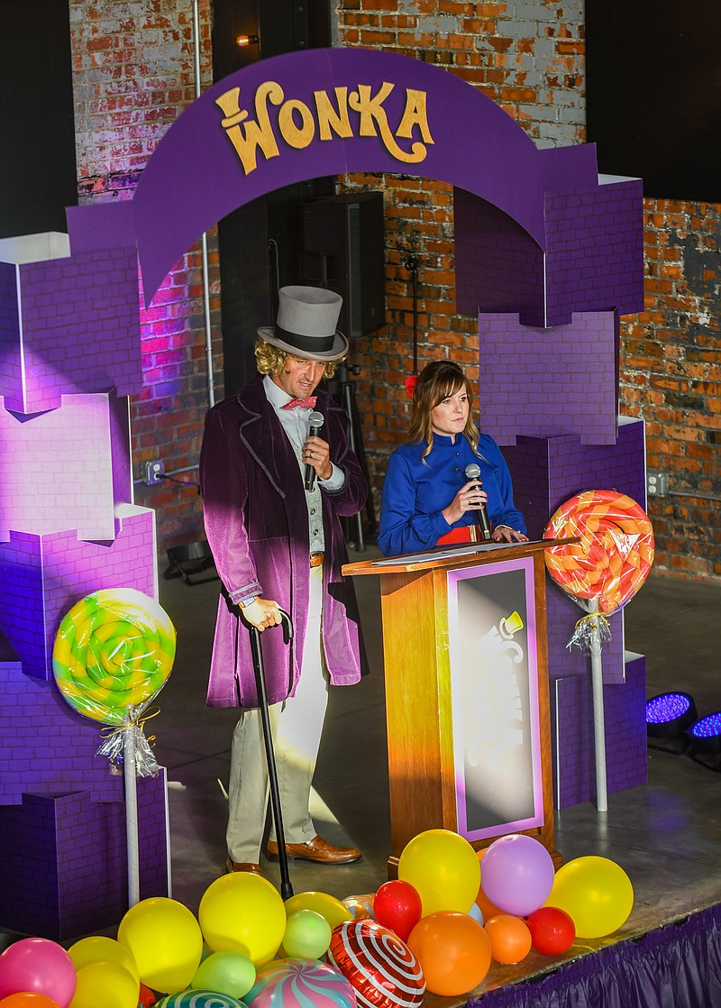 Julie Smith/News Tribune
Dressed like characters from Willy Wonka and the Chocolate Factory, co-chairs Kyle Shimmens and Cassandra Atchison deliver details about this year's campaign. Thursday morning saw the United Way of Central Missouri host the annual Pacesetters Breakfast at The Millbottom.