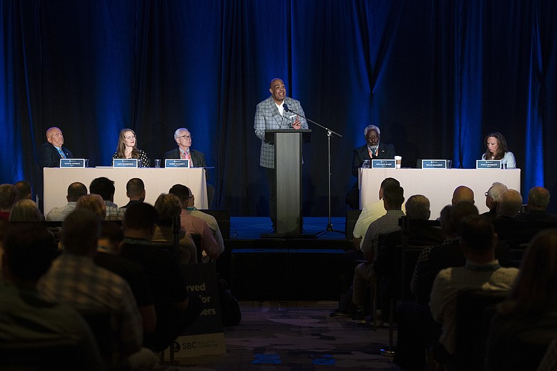 Willie McLaurin, interim president and CEO of the Southern Baptist Convention's Executive Committee, speaks during the Southern Baptist Convention in Anaheim, Calif., on Monday, June 13, 2022. (John McCoy/The Tennessean via AP)