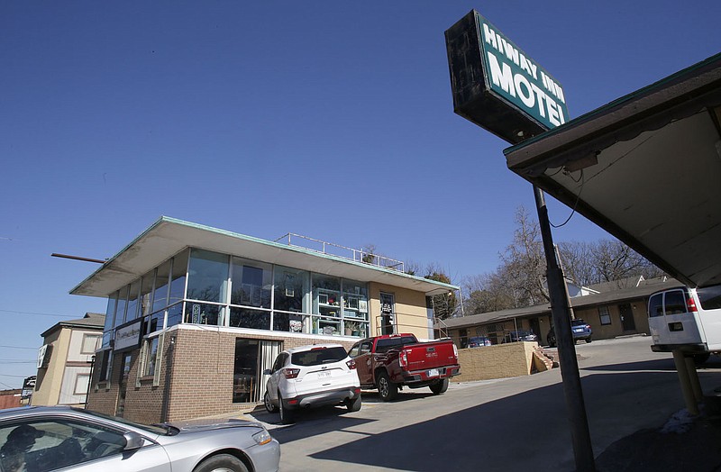 The Hi-Way Inn and Motel and Cafe Rue Orleans on North College Avenue in Fayetteville are seen Tuesday, January 29, 2019. The city's Planning Commission on Monday considered a rezoning of the property. (File photo/NWA Democrat-Gazette/David Gottschalk)