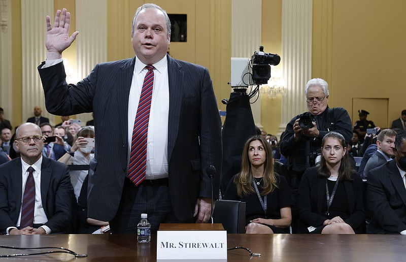 Former Fox News politics editor Chris Stirewalt is sworn in as a hearing by the House select committee investigating the Jan. 6 attack on the U.S. Capitol continues, Monday, June 13, 2022 on Capitol Hill in Washington.  (Jonathan Ernst/Pool via AP)