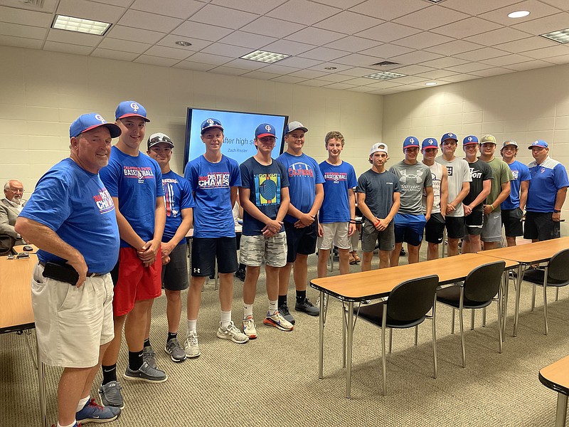 The California Pintos Baseball team line up to be recognized by the California R-1 School Board for their district championship win. This is the baseball team's first district championship win in 29 years. (Democrat photo/Kaden Quinn)