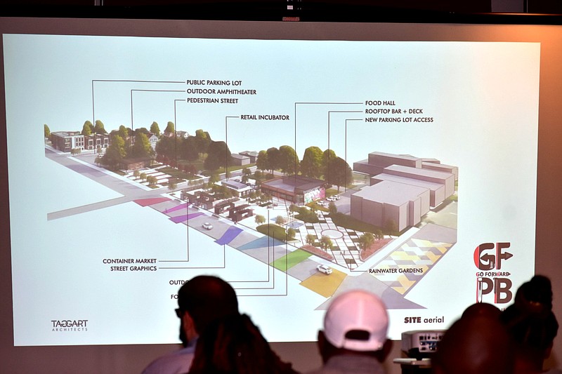 A rendering of proposed development in the area of Sixth Avenue and Main Street in Pine Bluff is shown in a slide presentation Tuesday, June 14, 2022, at the Pine Bluff Convention Center. (Pine Bluff Commercial/I.C. Murrell)