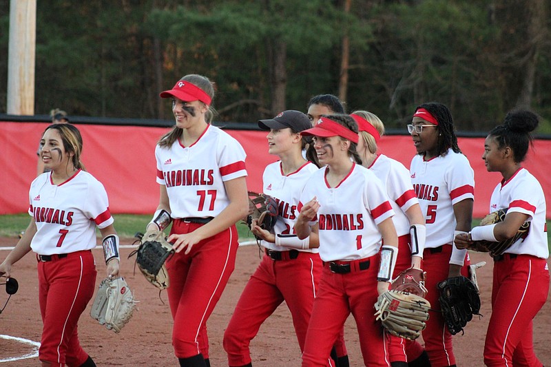 Photo By: Michael Hanich
Camden Fairview Lady Cardinals celebrate after their win over Watson Chapel last season.