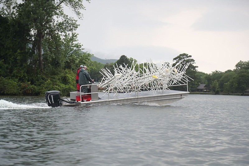 The “trees” that Arkansas Game and Fish Commission staff were building and sinking are made from polyvinyl chloride (PVC.) Staff used these at the Lake Hamilton boat access near the Andrew H. Hulsey Fish Hatchery. (Special to The Commercial/Arkansas Game and Fish Commission)
