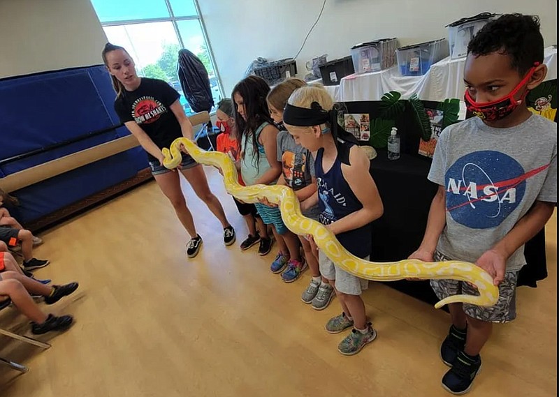 Children hold an albino python during a Show Me Reptiles exhibit. The traveling reptile show comes back to Four States Fairgrounds on Saturday, June 18, 2022. (Submitted photo)