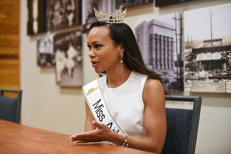 Miss Arkansas Ebony Mitchell talks about how she got involved in pageants during an interview Sunday at the Robinson Center in Little Rock.
(Arkansas Democrat-Gazette/Staci Vandagriff)