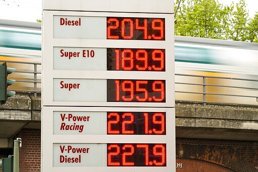 A public transport train drive behind a display with fuel prices at a gas station et in Berlin, Germany, Sunday, June 19, 2022. People across the world are confronted with higher fuel prices as the war in Ukraine and lagging output from producing nations drive prices higher. Drivers are looking at the numbers on the gas pump and rethinking their habits and finances, pushing some to walk, bike or use public transport. (AP Photo/Markus Schreiber)