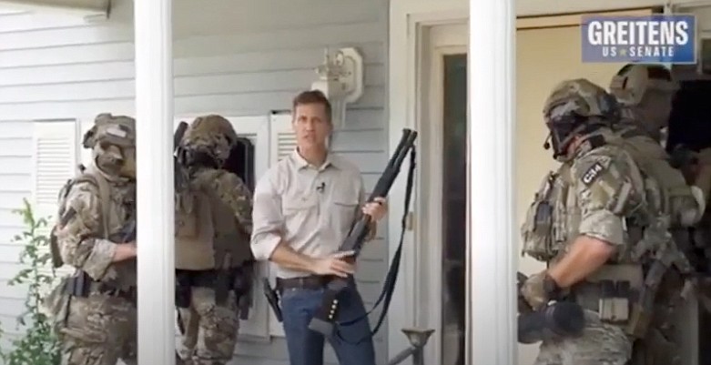 A YouTube screenshot from a controversial campaign advertisement for Senate candidate Eric Greitens in which he urges voters to "order your RINO hunting permit today," a reference to so-called Republicans in name only.