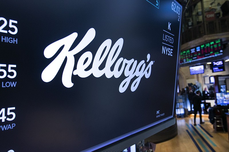 FILE - The logo for Kellogg's appears above a trading post on the floor of the New York Stock Exchange, Tuesday, Oct. 29, 2019. Kellogg's announced Tuesday, June 21, 2022 that it is splitting into three companies: a cereal maker, a snack maker and a plant-based food company. Kellogg's, whose brands include Eggo waffles, Rice Krispies cereal and MorningStar Farms vegetarian products, said the proposed spinoffs of the yet to be named cereal and plant-based companies are expected to be completed by the end of 2023. (AP Photo/Richard Drew, File)