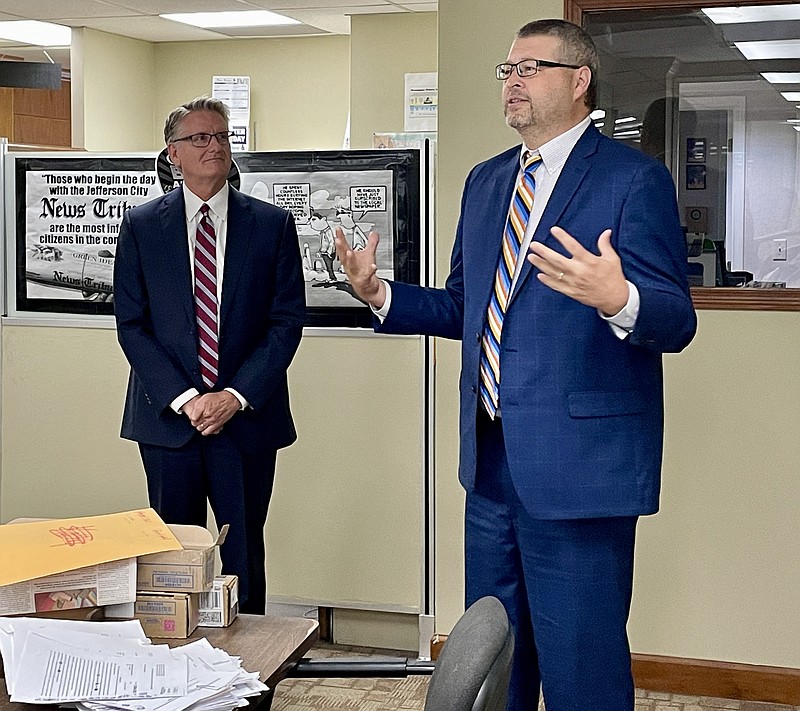Mark Millsap (right), general manager of Central Missouri Newspapers Inc., addresses News Tribune staff after he was introduced Tuesday, June 21, 2022, by Mark Lane, president of the WEHCO newspaper division. (Layne Stracener/News Tribune photo)