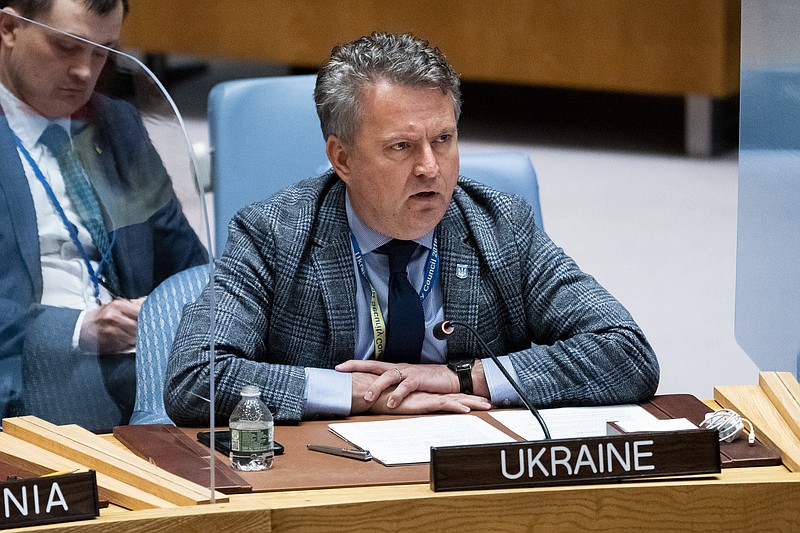 Sergiy Kyslytsya, Permanent Representative of Ukraine to the United Nations, speaks during a meeting of the U.N. Security Council on maintenance of peace and security in Ukraine, Tuesday, June 21, 2022, at United Nations headquarters. (AP Photo/John Minchillo)