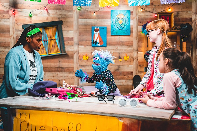 Camp Counselor Carol (Verda Davenport, from left) Blueberry (Rivka Kuperman), Max (Piper Walace) and Sophie (Olivia Gilliland) in a scene from season three of the Arkansas PBS series "Blueberry's Clubhouse." 
(Special to the Democrat-Gazette/Arkansas PBS)