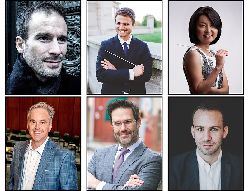 Arkansas Symphony 2022-23 guest conductors (clockwise from top left) Vladimir Kulenovic, Stephen Mulligan, Akiko Fujimoto, Andrew Crust and Matthew Kraemer could all be finalists, along with Artistic Director Geoffrey Robson (bottom left), for the permanent position of music director. (Special to the Democrat-Gazette)